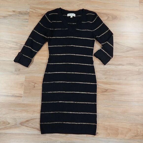 💜Pink Rose Black w/Gold Striped Fitted Sweater Dress Medium - Picture 1 of 10